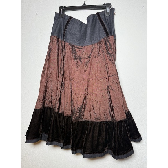 The Unbranded Brand Dresses & Skirts - VTG Y2K‎ Brown & Denim Skirt XL Cottage Boho Gypsy Whimsigoth Tiered Festival